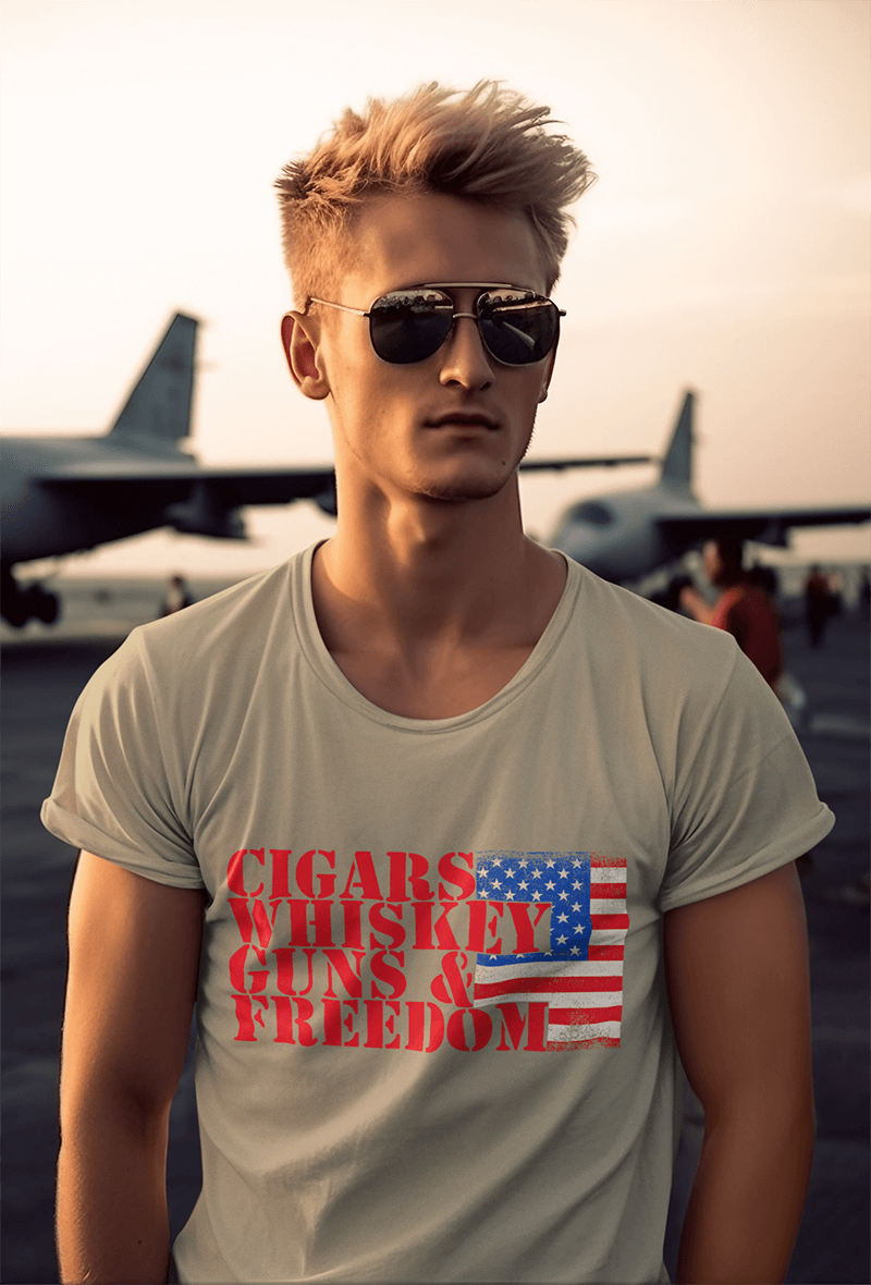 Cigars Whiskey Guns & Freedom : Men's Cotton Crew Tee