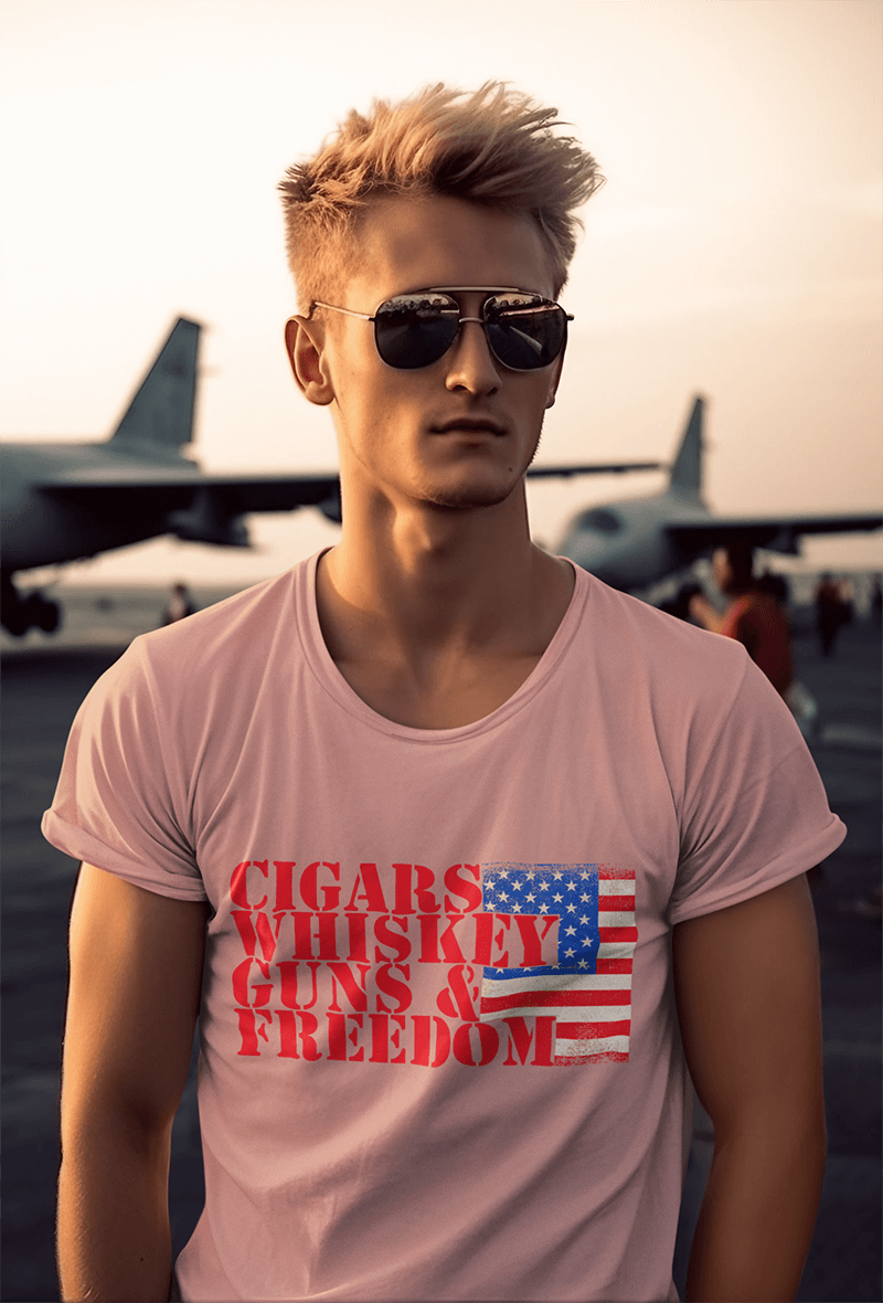 Cigars Whiskey Guns & Freedom : Men's Cotton Crew Tee