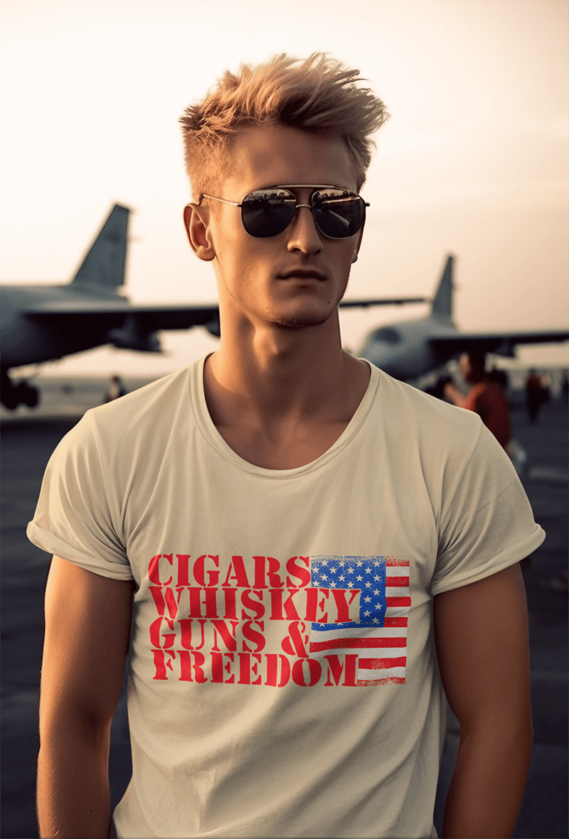 Cigars Whiskey Guns & Freedom : Men's Cotton Crew Tee